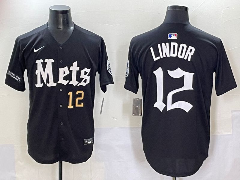 Men 2025 New York Mets 12 Lindor Black Five generations Joint Name Nike MLB Jersey style 3